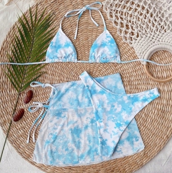 Triangle Tie Dye 3 Piece Bikini Set with Skirt Swimsuit - Picture 3 of 7